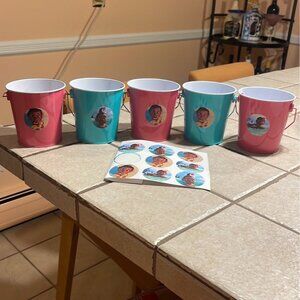 5~Moana-Themed Mini Metal Buckets W/Stickers 3.25" Pink & Teal Party Favor Decor